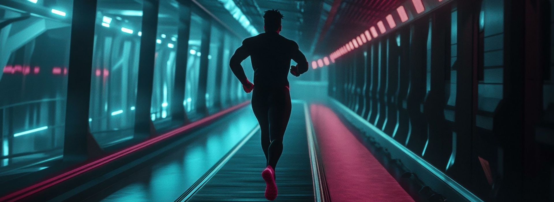Eine Person die in einem futuristischen Tunnel läuft ist von Hinten zu sehen.