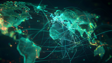 Weltkarte mit digitalen Netzwerken als Symbol für globale KI-Technologie.