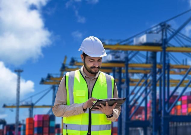 Eine männliche Person schaut auf ein Klemmbrett in einer Hafenszene.