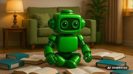 Ein grüner 3D-Roboter sitzt im Wohnzimmer zwischen geöffneten Büchern und Ordnern – eine Metapher für den Voicebot, der auf geprüfte Wissensquellen zugreift und verlässliche, nachvollziehbare Antworten liefert.