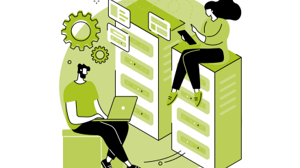 Illustration von zwei Personen, die auf Servern mit Laptops und Tablets arbeiten – symbolisiert die Flexibilität und Benutzerfreundlichkeit von Qlik Sense.