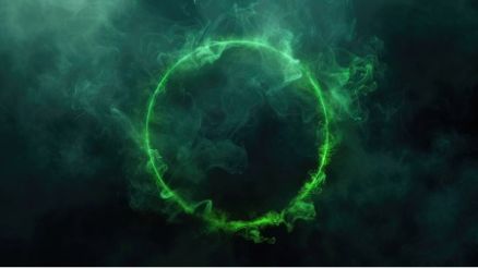 Leuchtender grüner Ring aus Rauch und Nebel – Symbol für die neue Ära von KI und Technologie.