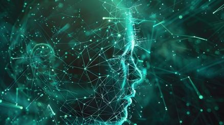 Big Data und künstliche Intelligenz Konzept. Maschinelles Lernen und Cyber-Mind-Domination-Konzept in Form von Frauen Gesicht auf dunkelblauen Technologie Hintergrund, 3d Illustration