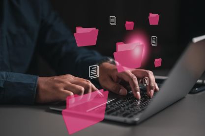 Abbildung von Ordersystemen und einer Person am Laptop.