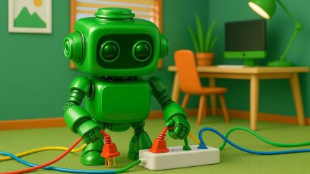 Ein grüner 3D-Roboter steckt farbige Kabel in eine Mehrfachsteckdose – eine visuelle Metapher für die Anbindung von ERP-, CRM- oder DMS-Systemen durch den Voicebot.