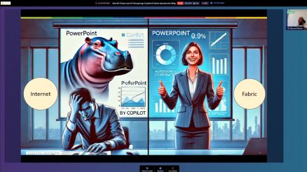 Eine Präsentationsfolie vergleicht Copilot-Ergebnisse mit Daten aus dem Internet (chaotisch, mit Hippo-Bild) und aus Fabric (professionelle Diagramme).