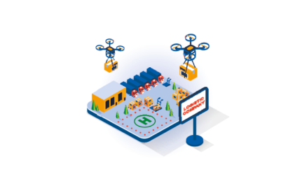 Isometric illustration of a logistics site with warehouse, vehicles and drones, representing digital logistics processes and a CargoWise health check for analyzing and optimizing transport and supply chain operations.