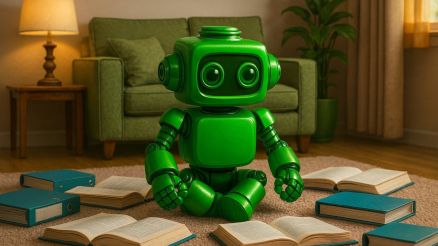 Ein grüner 3D-Roboter sitzt im Wohnzimmer zwischen geöffneten Büchern und Ordnern – eine Metapher für den Voicebot, der auf geprüfte Wissensquellen zugreift und verlässliche, nachvollziehbare Antworten liefert.