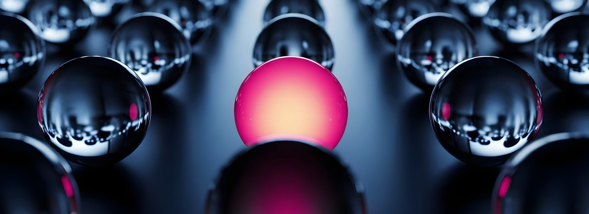 Abstraktes Bild mit vielen dunklen, glänzenden Kugeln in Reihen. In der Mitte sticht eine einzelne, hell leuchtende Kugel hervor und symbolisiert Fokus, Differenzierung oder einen besonderen Akzent.