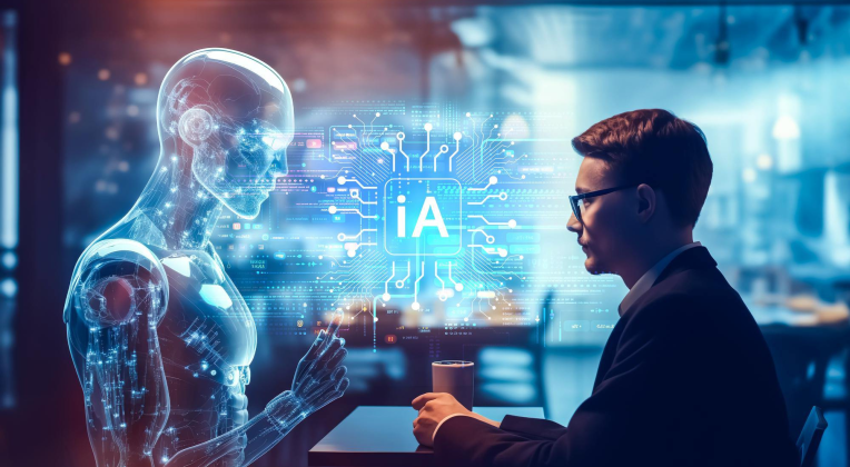 ine Person arbeitet mit einem AI-Roboter an Materialstammdaten in SAP