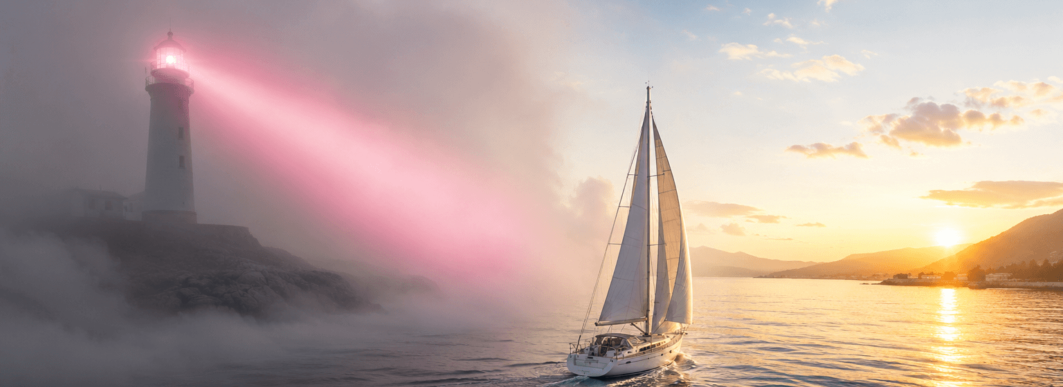 Ein Schiff fährt aus den Nebel in den Sonnenschein