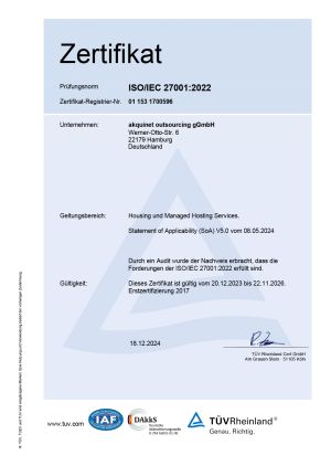 Zertifikat TÜV Rheinland 2024 - Housing und Managed Hosting Services - AKQUINET