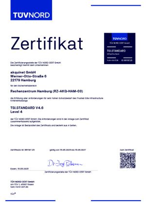 Certificate 2025 - TÜV Nord Group - RZ AKQ HAM 03 - TSI.Standard V4.6 - Level 4