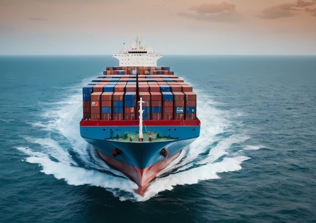 Großes Containerschiff teilt das Wasser auf hoher See.