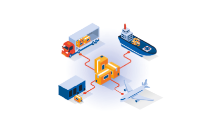 Illustration of connected logistics processes with ship, airplane, truck and warehouse, linked by data flows to represent an integrated end-to-end transport chain