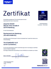 Zertifikat 2024 - TÜV Nord Group - RZ AKQ HAM 02 - TSI.Standard V4.5 - Level 3 erweitert