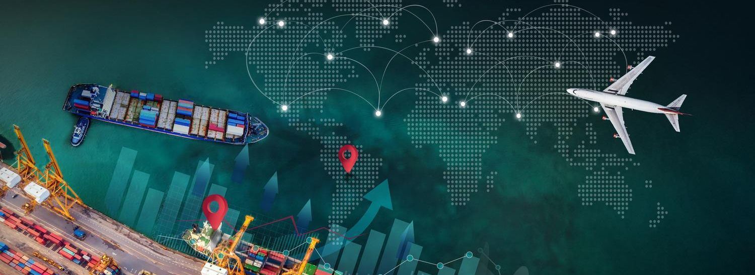 Container port with cargo ship and airplane in front of a world map, visualizing global transport and logistics networks
