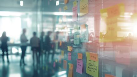 Eine Metaplanwand aus Glas mit bunten Post-it Zetteln und Notizen. Im Hintergrund stehen Menschen.