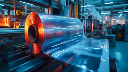 Industrieszene mit einer großen Rolle transparenter Kunststofffolie, die durch eine Produktionsmaschine läuft, beleuchtet von warmem und kühlem Licht.