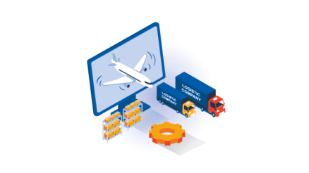 Illustration of a digital transport platform with airplane, trucks, warehouse racks and a gear icon representing integrated logistics processes, automation and end-to-end control