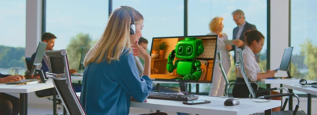 Eine Mitarbeiterin im Kundenservice sitzt mit Headset am Schreibtisch und betrachtet auf ihrem Monitor einen grünen Roboter, der als KI-Voicebot dargestellt wird. Im Hintergrund arbeiten weitere Personen im Büro.