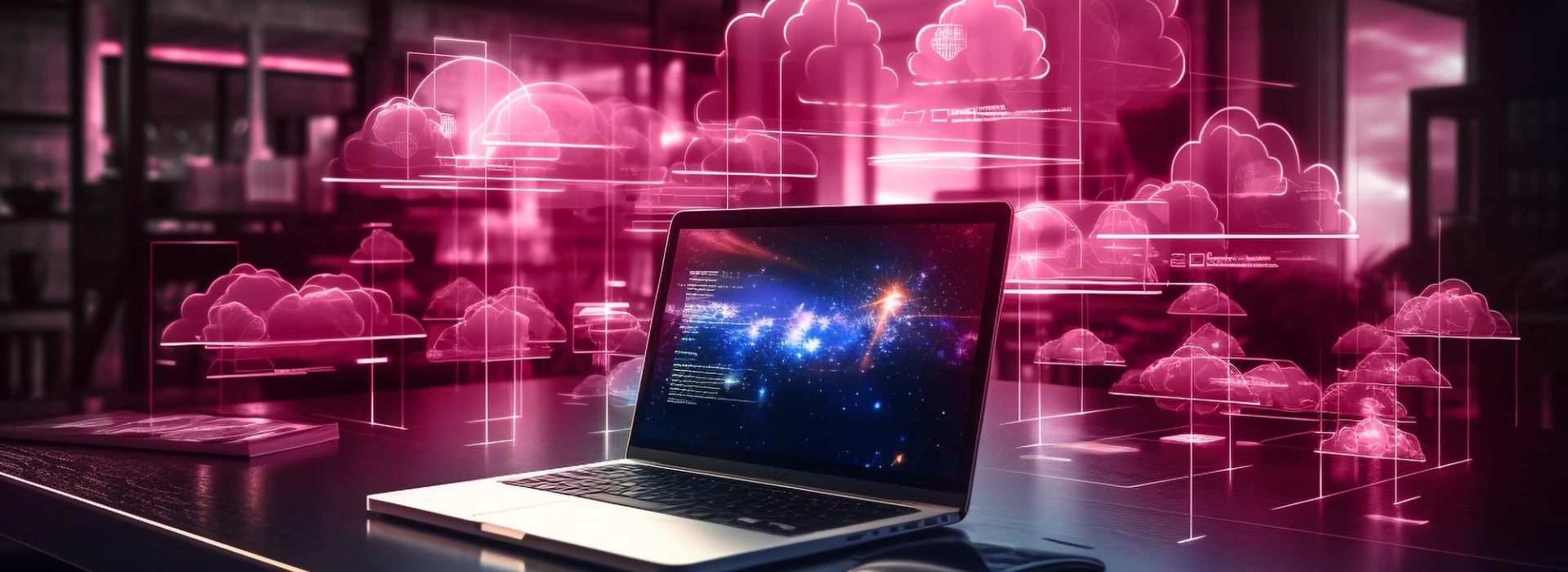 Laptop steht auf einem Tisch und im Hintergrund futuristische 3-D Wolken.