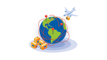 Illustration einer Weltkugel mit vernetzten Standorten, Flugzeug und Paketen zur Darstellung globaler Logistik, internationaler Lieferketten und weltweiter Transportsteuerung.