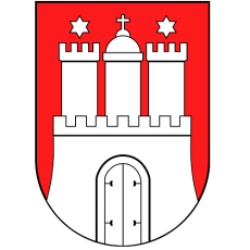Red coat of arms with white castle