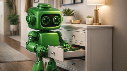 Ein grüner 3D-Roboter steht im Flur vor einer Kommode und öffnet eine Schublade – eine Metapher dafür, wie der Voicebot strukturierte Prozesse zuverlässig anstößt und automatisiert.
