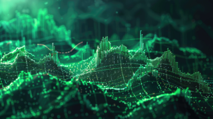 Abstrakte, grüne 3D-Datenvisualisierung als Symbol für Datenanalyse und KI.