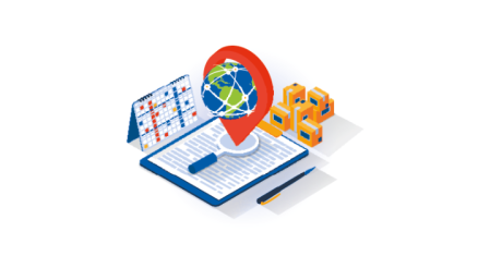 Illustration of a global location marker on a globe above digital documents, combined with calendar and cube icons representing standardized logistics processes and integrated enterprise data