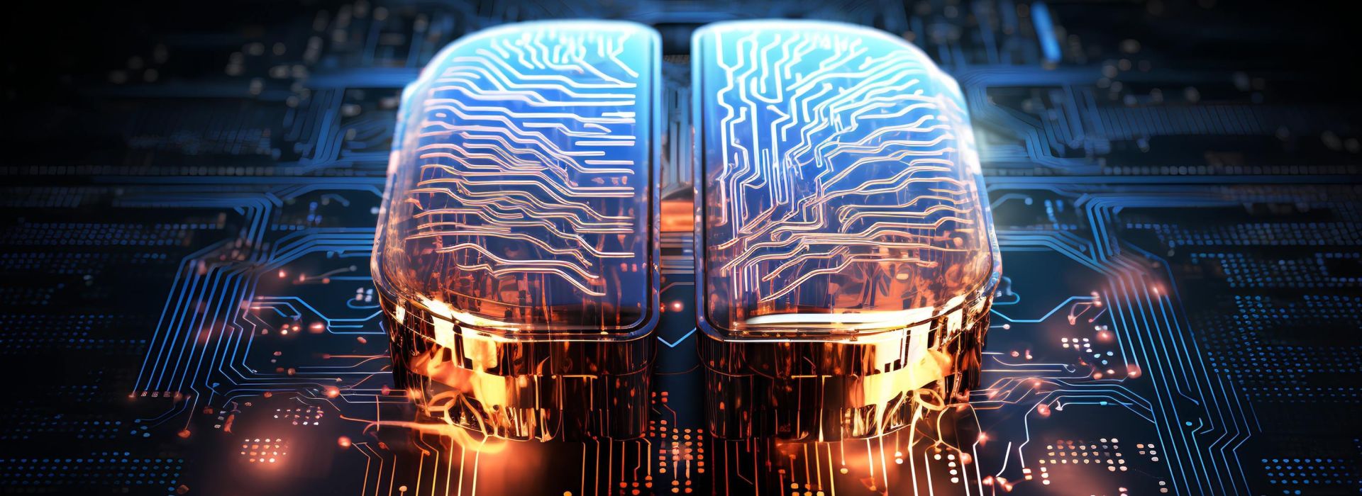 Futuristische, KI-gesteuerte Leiterplatte mit leuchtenden, chipähnlichen Strukturen als Symbol für intelligente Datenautomatisierung.