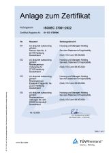 Zertifikat 2024 TÜV Rheinland - Anlage Housing & Managed Hosting Services - ISO27001 2022